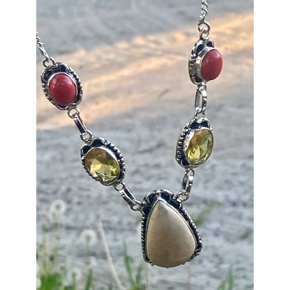 Agatized Coral Citrine Red Coral Crystal Boho Necklace
